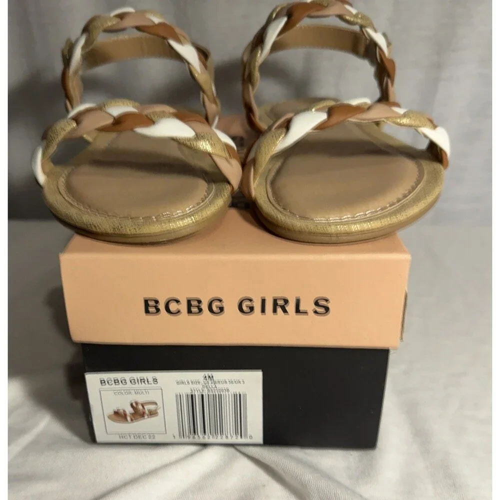 NEW NIB Girls BCBG Della Kids Sandals Size 4 Summer Tan White Gold
